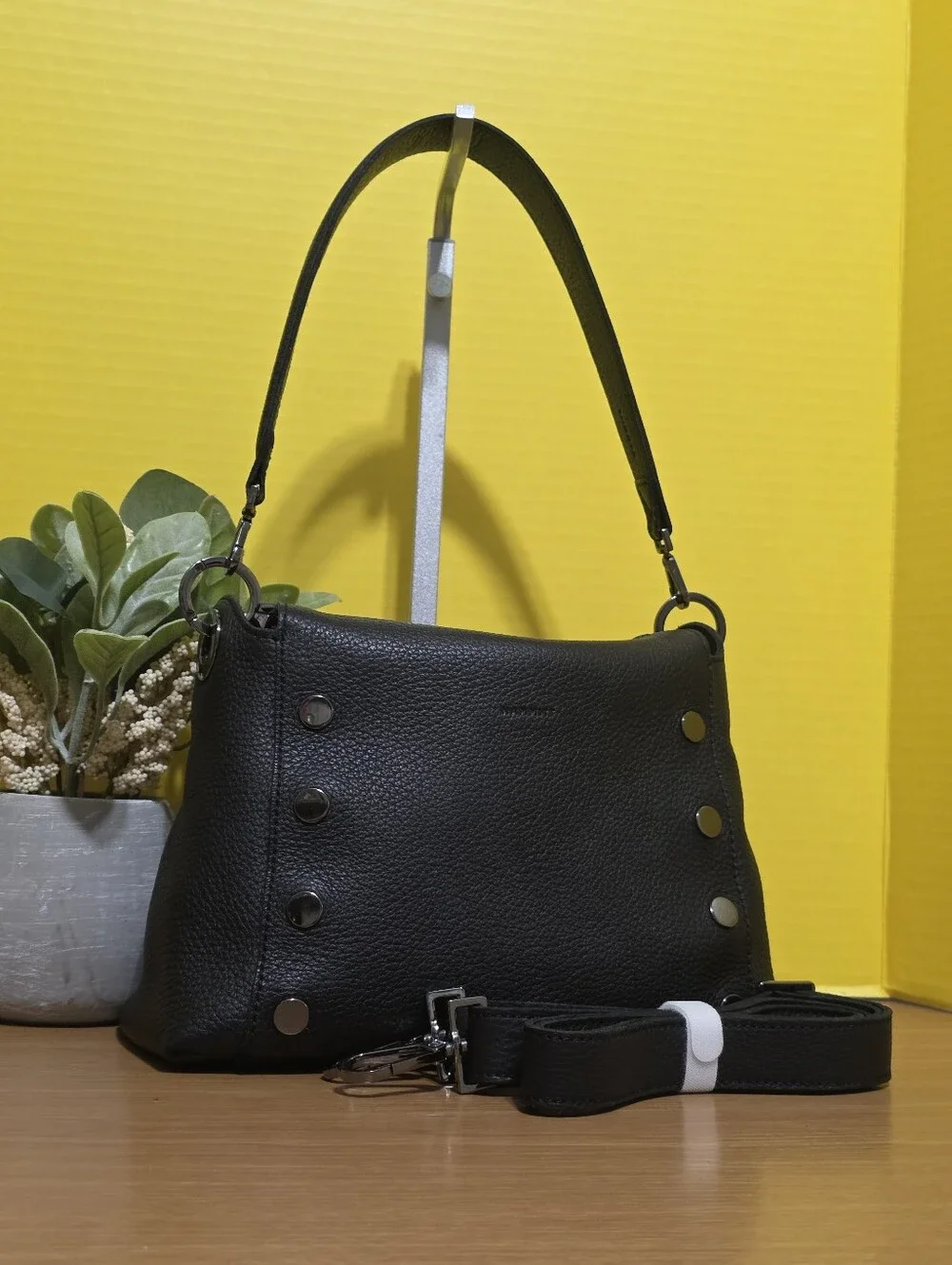 Black Pebbled Leather Shoulder Bag with Silver Studs